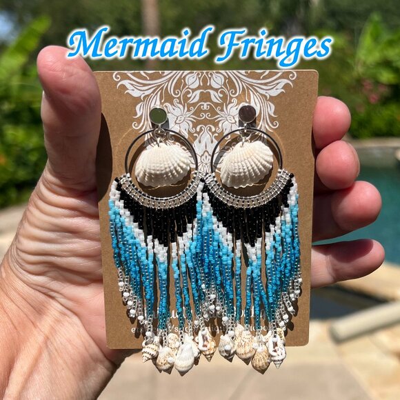 Handmade Beaded Long Tassel Fringe Dangle Drop Mermaid Post Shell Earrings - Picture 1 of 7